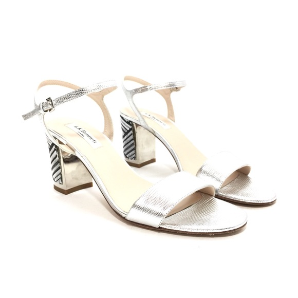 L. K. Bennett Silver Leather Sandals w/ Woven Heel